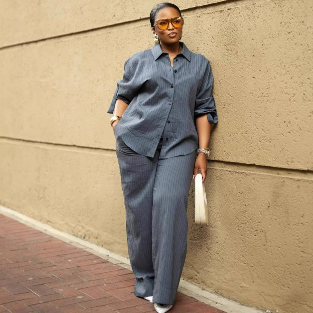 ZARA Striped Lapel Shirt Straight Leg Pants Set Casual African Style Women